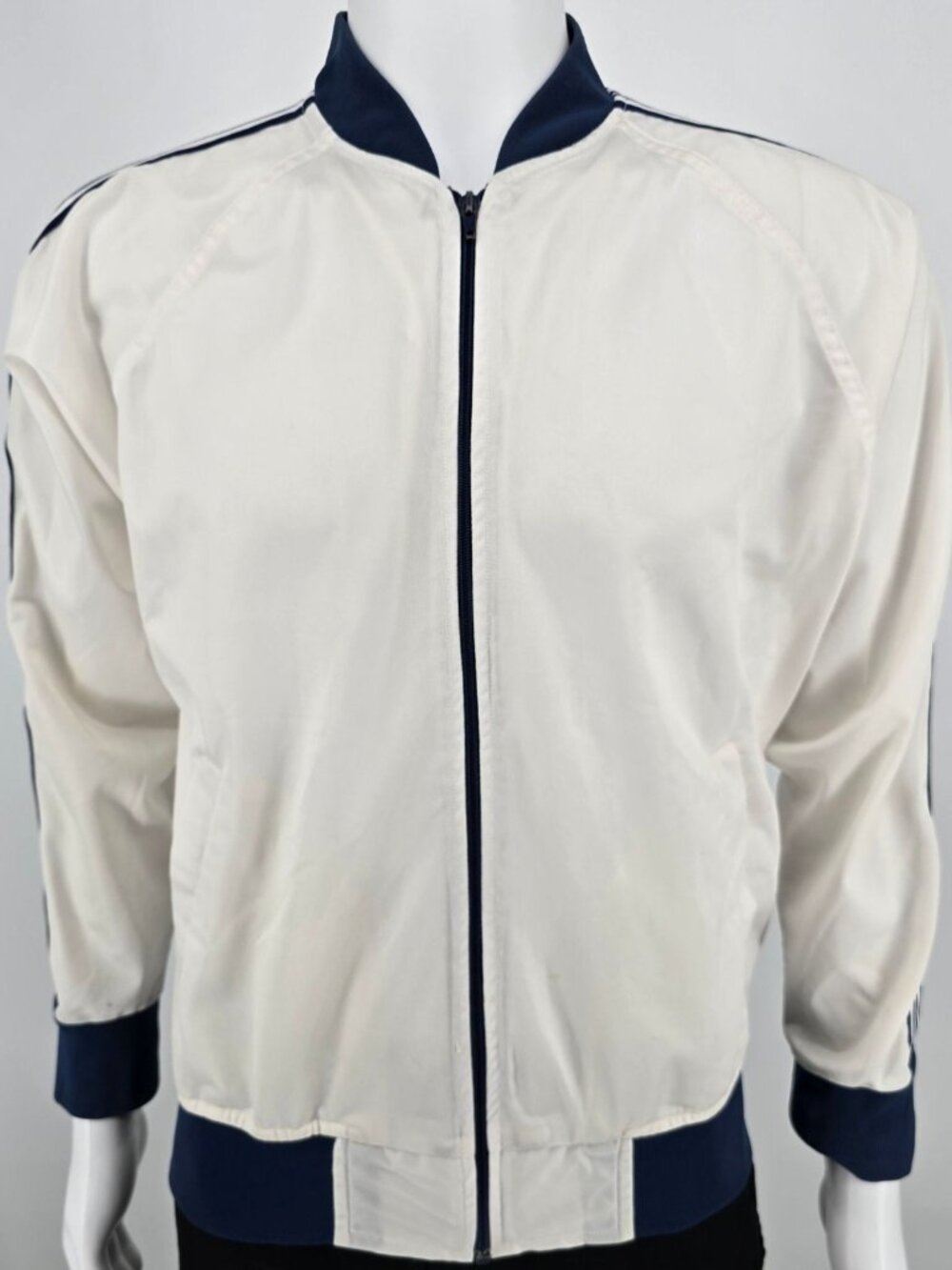 Vintage 1980s Winning Ways White/Navy Polyester Tricot Tennis Jacket (M)